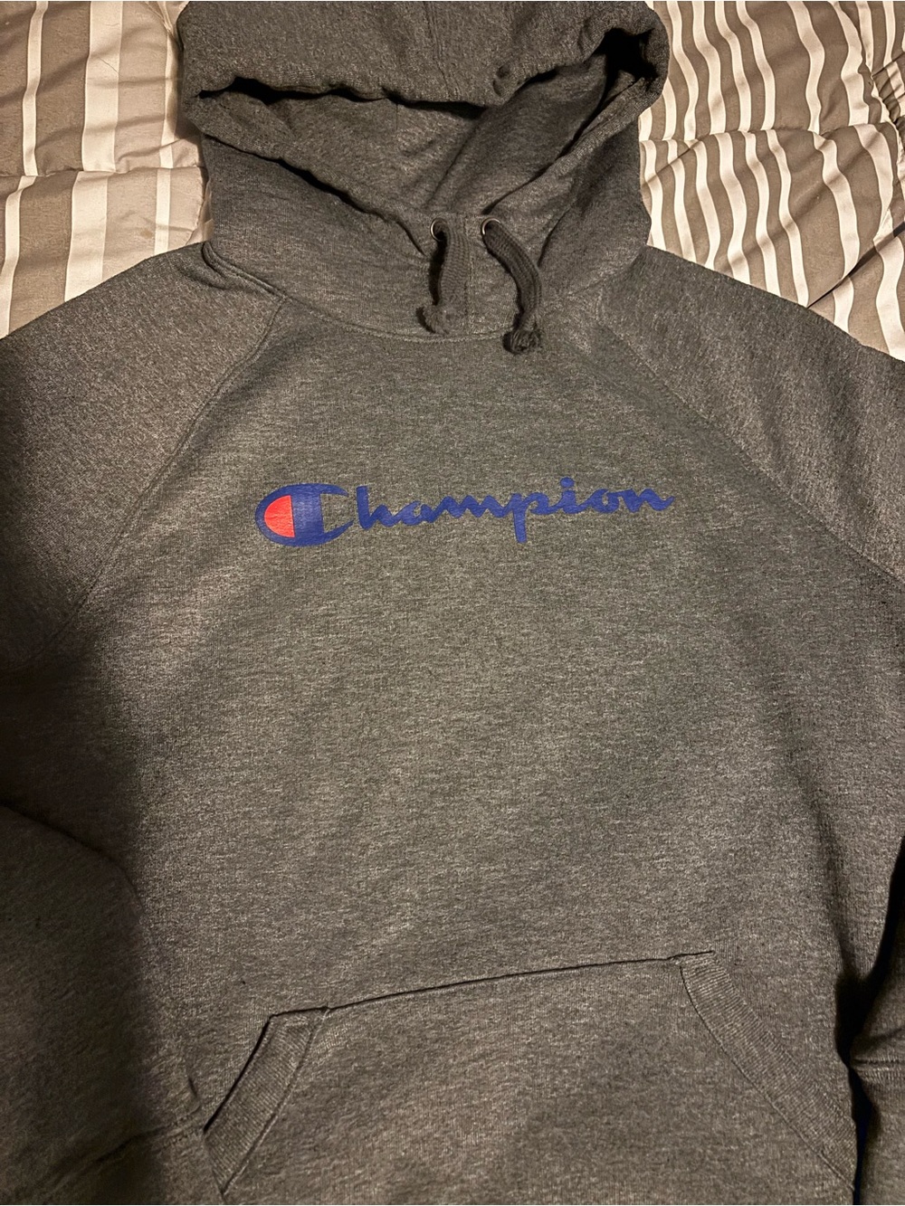 Champion Men's Dark Gray Crewneck Hoodie with Blue & Red Script Logo